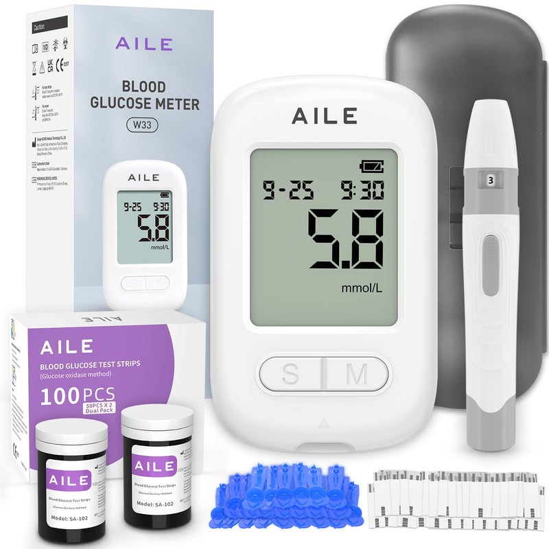 AILE Blood Glucose Test Kit for Diabetes: 100 Glucometer Strips, 100 Lancets, 1 Meter for Home Use Portable Blood Sugar Monitor Testing Kits Diabetics Meter - UK Glucometer (W33)